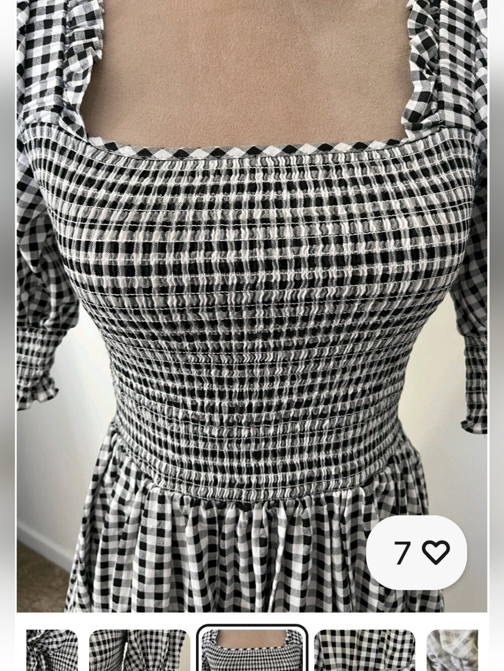 Gingham Dress BLACK WHITE mini Puff Sleeves BABY DOLL FIT & FLARE Smocked Top M - Picture 5 of 8